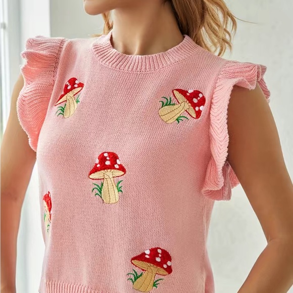 VINTAGE INSPIRED PINK RED & WHITE POLKADOT RUFFLE MUSHROOM SWEATER KNIT TOP - Picture 5 of 6